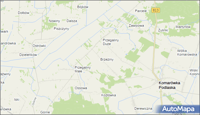 mapa Brzeziny gmina Komarówka Podlaska, Brzeziny gmina Komarówka Podlaska na mapie Targeo
