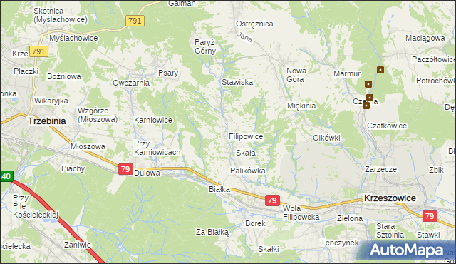 mapa Filipowice gmina Krzeszowice, Filipowice gmina Krzeszowice na mapie Targeo