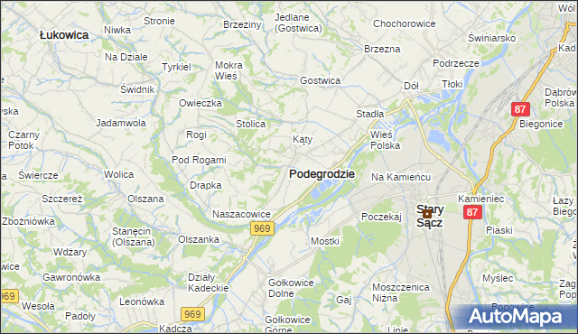 mapa Podegrodzie powiat nowosądecki, Podegrodzie powiat nowosądecki na mapie Targeo
