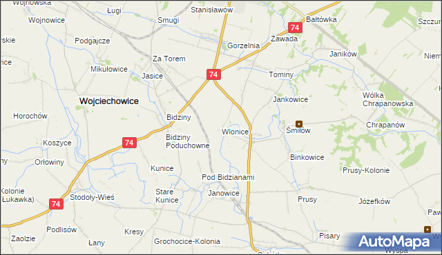 mapa Wlonice gmina Wojciechowice, Wlonice gmina Wojciechowice na mapie Targeo