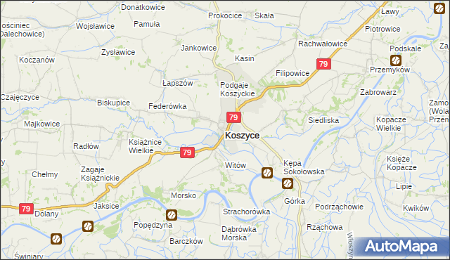 mapa Koszyce powiat proszowicki, Koszyce powiat proszowicki na mapie Targeo