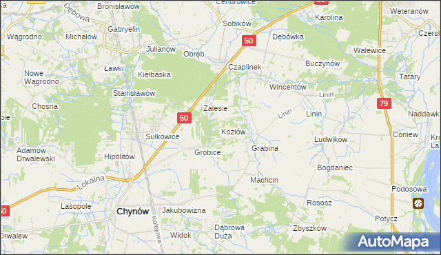 mapa Kozłów gmina Chynów, Kozłów gmina Chynów na mapie Targeo