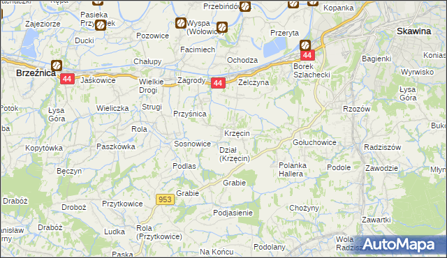 mapa Krzęcin gmina Skawina, Krzęcin gmina Skawina na mapie Targeo