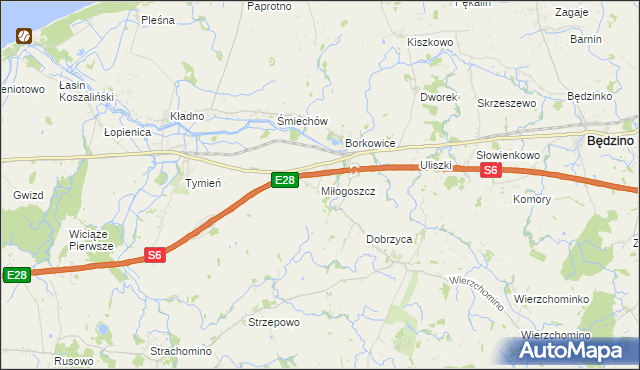 mapa Miłogoszcz gmina Będzino, Miłogoszcz gmina Będzino na mapie Targeo