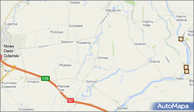 mapa Orliniec gmina Nowy Dwór Gdański, Orliniec gmina Nowy Dwór Gdański na mapie Targeo