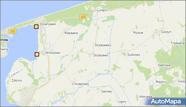 mapa Strzeżewo gmina Kamień Pomorski, Strzeżewo gmina Kamień Pomorski na mapie Targeo