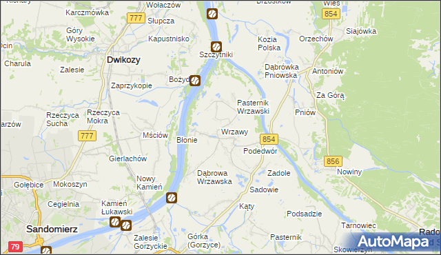 mapa Wrzawy gmina Gorzyce, Wrzawy gmina Gorzyce na mapie Targeo