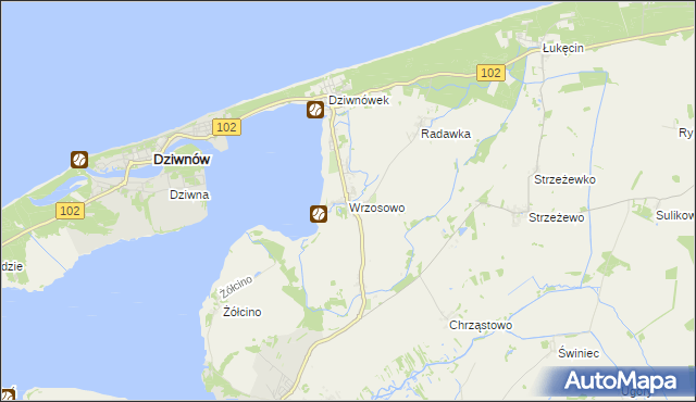 mapa Wrzosowo gmina Kamień Pomorski, Wrzosowo gmina Kamień Pomorski na mapie Targeo