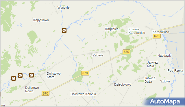 mapa Zabiele gmina Jaświły, Zabiele gmina Jaświły na mapie Targeo