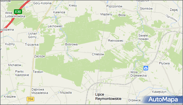 mapa Chlebów gmina Lipce Reymontowskie, Chlebów gmina Lipce Reymontowskie na mapie Targeo