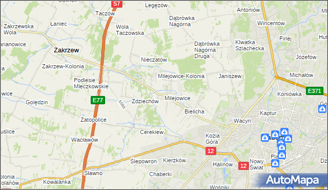 mapa Milejowice gmina Zakrzew, Milejowice gmina Zakrzew na mapie Targeo