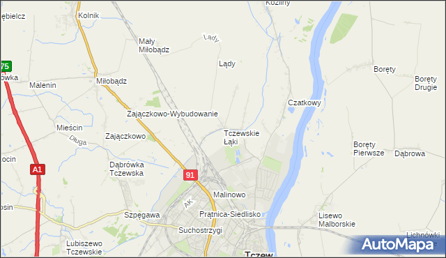 mapa Tczewskie Łąki, Tczewskie Łąki na mapie Targeo