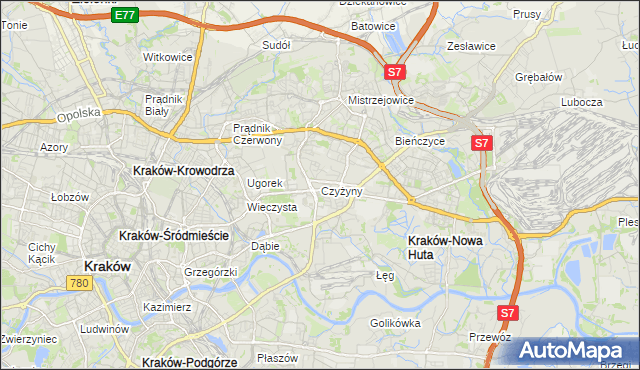 mapa Czyżyny, Czyżyny na mapie Targeo