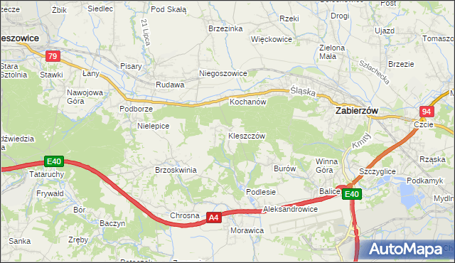 mapa Kleszczów gmina Zabierzów, Kleszczów gmina Zabierzów na mapie Targeo
