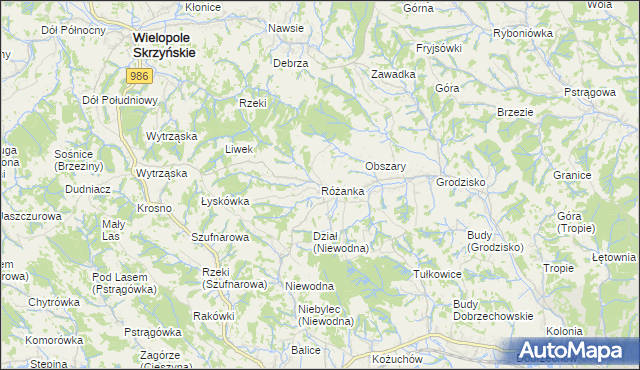 mapa Różanka gmina Wiśniowa, Różanka gmina Wiśniowa na mapie Targeo