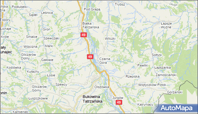 mapa Czarna Góra gmina Bukowina Tatrzańska, Czarna Góra gmina Bukowina Tatrzańska na mapie Targeo