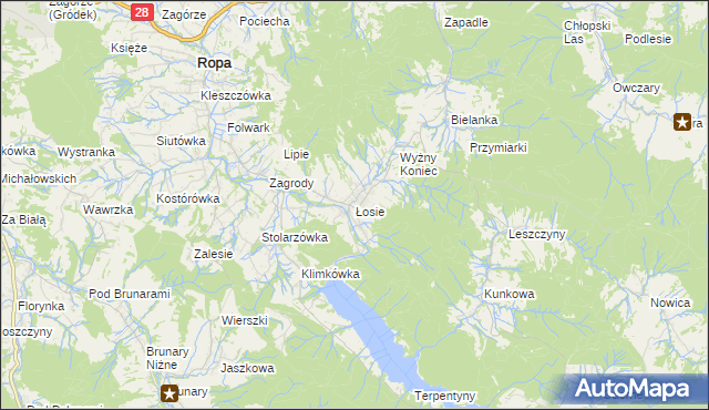 mapa Łosie gmina Ropa, Łosie gmina Ropa na mapie Targeo