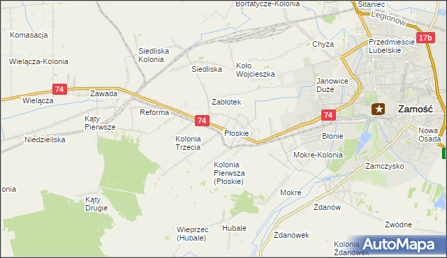 mapa Płoskie gmina Zamość, Płoskie gmina Zamość na mapie Targeo