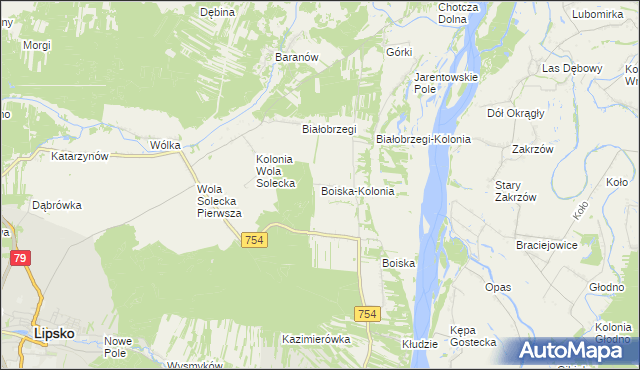 mapa Boiska-Kolonia gmina Solec nad Wisłą, Boiska-Kolonia gmina Solec nad Wisłą na mapie Targeo