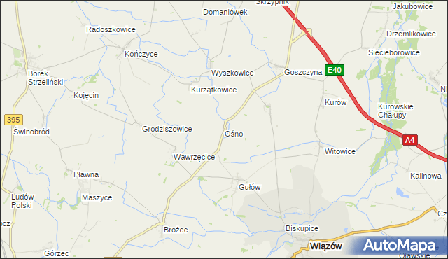 mapa Ośno gmina Wiązów, Ośno gmina Wiązów na mapie Targeo