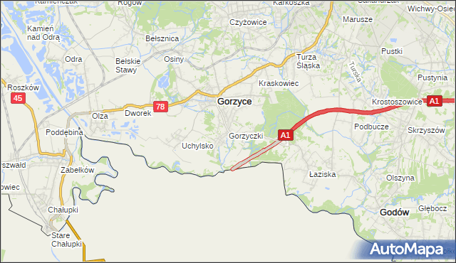 mapa Gorzyczki gmina Gorzyce, Gorzyczki gmina Gorzyce na mapie Targeo