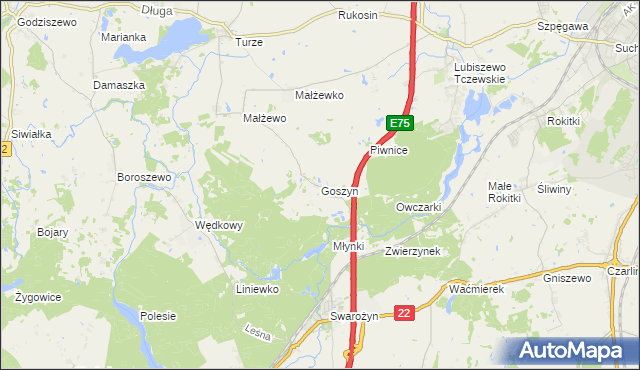 mapa Goszyn gmina Tczew, Goszyn gmina Tczew na mapie Targeo