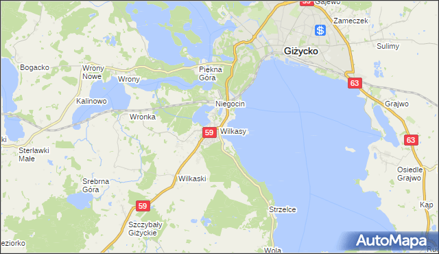 mapa Wilkasy gmina Giżycko, Wilkasy gmina Giżycko na mapie Targeo