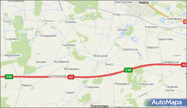 mapa Biskupice gmina Dominowo, Biskupice gmina Dominowo na mapie Targeo