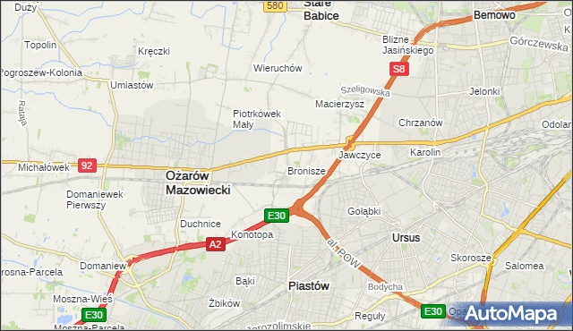 mapa Bronisze gmina Ożarów Mazowiecki, Bronisze gmina Ożarów Mazowiecki na mapie Targeo