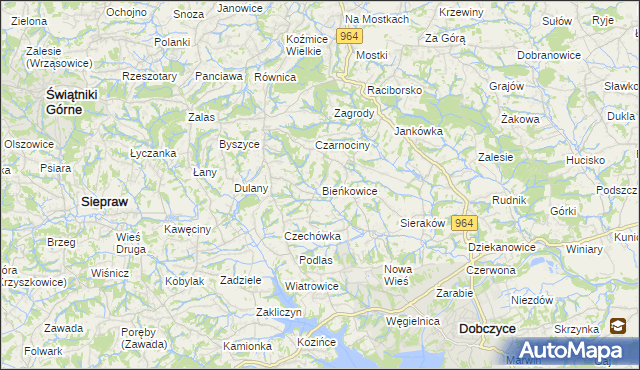 mapa Bieńkowice gmina Dobczyce, Bieńkowice gmina Dobczyce na mapie Targeo