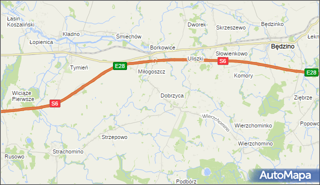 mapa Dobrzyca gmina Będzino, Dobrzyca gmina Będzino na mapie Targeo