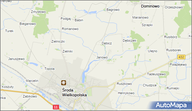 mapa Janowo gmina Środa Wielkopolska, Janowo gmina Środa Wielkopolska na mapie Targeo