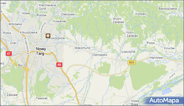 mapa Ostrowsko gmina Nowy Targ, Ostrowsko gmina Nowy Targ na mapie Targeo