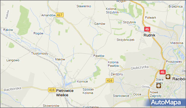 mapa Pawłów gmina Pietrowice Wielkie, Pawłów gmina Pietrowice Wielkie na mapie Targeo