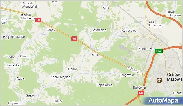 mapa Sielc gmina Ostrów Mazowiecka, Sielc gmina Ostrów Mazowiecka na mapie Targeo