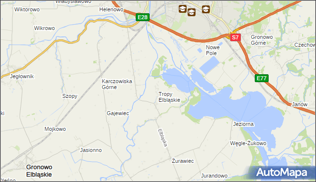 mapa Tropy Elbląskie, Tropy Elbląskie na mapie Targeo