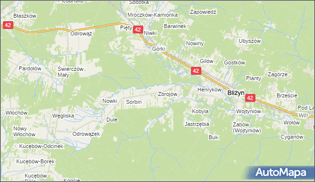 mapa Zbrojów gmina Bliżyn, Zbrojów gmina Bliżyn na mapie Targeo
