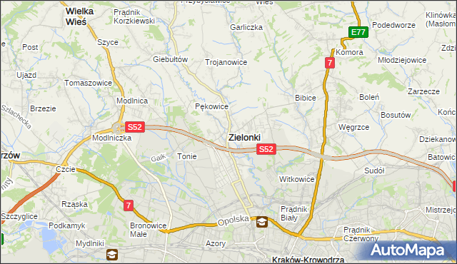 mapa Zielonki powiat krakowski, Zielonki powiat krakowski na mapie Targeo