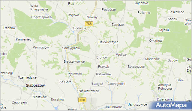 mapa Bronów gmina Działoszyce, Bronów gmina Działoszyce na mapie Targeo