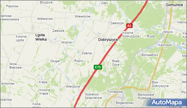 mapa Galonki gmina Dobryszyce, Galonki gmina Dobryszyce na mapie Targeo