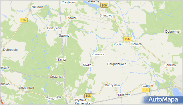 mapa Kozielice gmina Golczewo, Kozielice gmina Golczewo na mapie Targeo