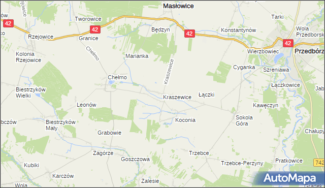 mapa Kraszewice gmina Masłowice, Kraszewice gmina Masłowice na mapie Targeo