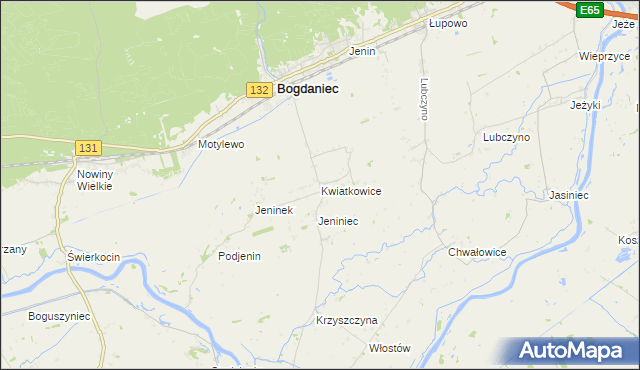 mapa Kwiatkowice gmina Bogdaniec, Kwiatkowice gmina Bogdaniec na mapie Targeo