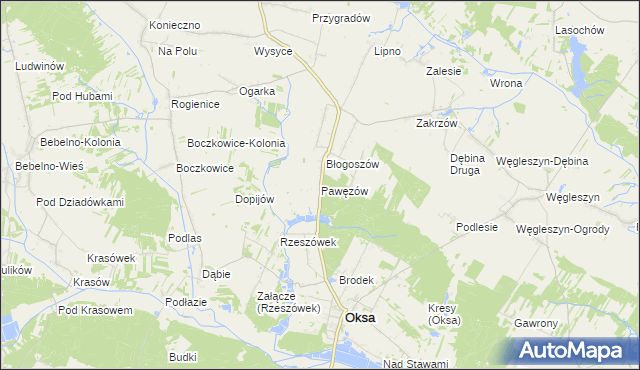 mapa Pawęzów gmina Oksa, Pawęzów gmina Oksa na mapie Targeo