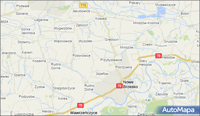 mapa Przybysławice gmina Nowe Brzesko, Przybysławice gmina Nowe Brzesko na mapie Targeo