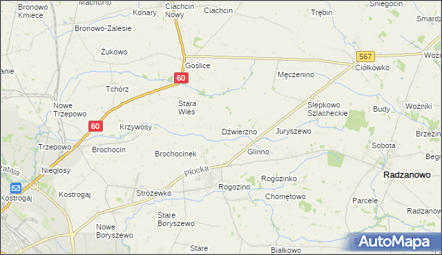 mapa Dźwierzno gmina Radzanowo, Dźwierzno gmina Radzanowo na mapie Targeo