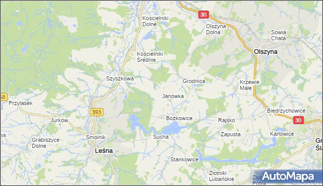 mapa Janówka gmina Leśna, Janówka gmina Leśna na mapie Targeo