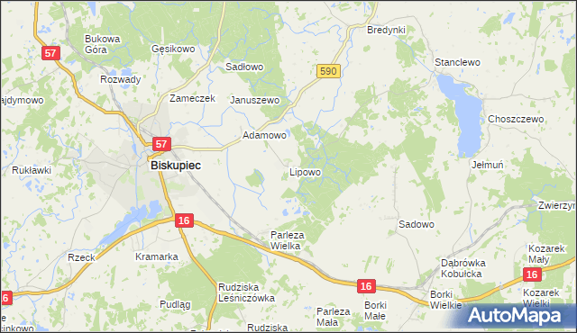 mapa Lipowo gmina Biskupiec, Lipowo gmina Biskupiec na mapie Targeo