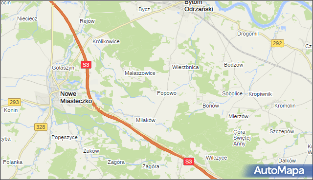 mapa Popowo gmina Bytom Odrzański, Popowo gmina Bytom Odrzański na mapie Targeo