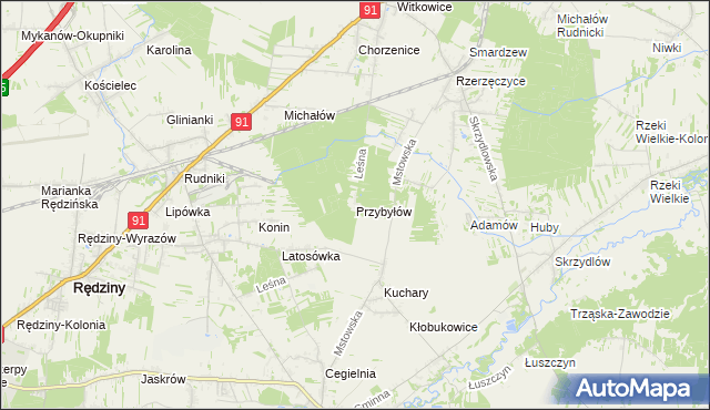 mapa Przybyłów gmina Kłomnice, Przybyłów gmina Kłomnice na mapie Targeo